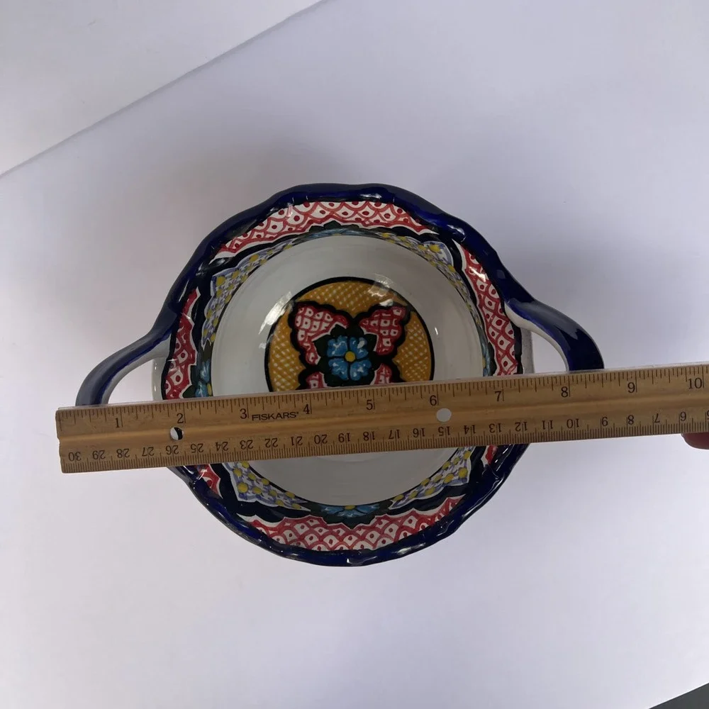 Mexican Talavera Hand Painted Bowl w/ Handles Lead Free Puebla 7